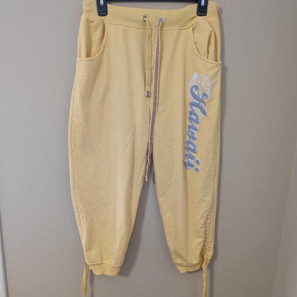 Denim Co Pastel Yellow Hawaii Graphic Sweatpants Capris Joggers Y2K Coquette